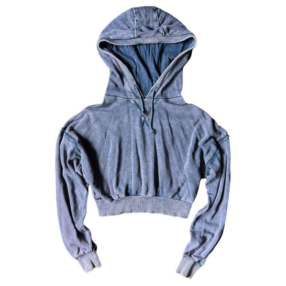 AERO Ladies Cropped Pullover Terry Hoodie Size XS Indigo Wash 100% Cotton Cozy